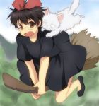  animal animalization black_cat black_hair bow broom broom_riding brown_eyes cat dress gintama glasses hair_bow jiji_(majo_no_takkyuubin) kiki majo_no_takkyuubin maruki_(punchiki) parody punchiki sakata_gintoki shimura_shinpachi short_hair studio_ghibli 