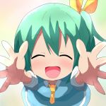  :d blush carry_me closed_eyes daiyousei eyes_closed green_hair hair_ribbon hands highres incoming_hug kuromu_(underporno) open_mouth pov ribbon short_hair side_ponytail smile solo touhou 