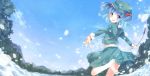  :d bare_legs barefoot blue_eyes blue_hair blue_sky cattail ech feet feet_in_water hair_bobbles hair_ornament hat kawashiro_nitori leg_up looking_at_viewer looking_back mountain open_mouth outstretched_arms plant short_hair skirt sky smile soaking_feet solo splash splashing spread_arms touhou twintails water 
