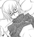  blush character_request glasses jewelry mole monochrome necklace on_back on_bed ribbed_sweater semi-rimless_glasses short_hair solo sweater top_lift turtleneck under-rim_glasses under_night_in-birth 