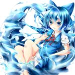  1girl akaikonomi blue_eyes blue_hair bow cirno crossed_legs_(lying) dress eating grin hair_bow ice ice_wings looking_at_viewer popsicle puffy_short_sleeves puffy_sleeves reclining ribbon short_hair short_sleeves simple_background smile solo touhou water white_background wings 