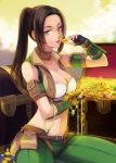  belt breasts brown_eyes brown_hair cleavage coin collarbone final_fantasy final_fantasy_xi fingerless_gloves gem gloves hume lips long_hair looking_at_viewer midriff navel ponytail sitting solo takatsuki_kahiro thief treasure_chest 