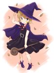  1girl :o blonde_hair blue_eyes blush boots cape child dress facial_mark hat leaf short_hair solo staff standing star witch_hat yukiu_kon 