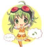  ahoge bad_id blush chibi goggles goggles_on_head green_eyes green_hair gumi headphones kumakichi_(toshigat) open_mouth skirt smile solo toshigat vocaloid 