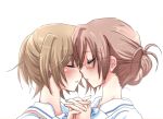  blonde_hair blush brown_hair closed_eyes eyes_closed glasses hakuisei_ren&#039;ai_shoukougun hakuisei_ren'ai_shoukougun hand_holding holding_hands incipient_kiss multiple_girls numanuma nurse ootsuka_hatsumi sawai_kaori short_hair simple_background uniform yuri 