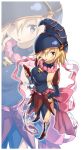  1girl bare_shoulders blonde_hair boots breasts cellphone cross detached_sleeves duel_monster female gagaga_girl hand_on_hip hat highres long_hair looking_at_viewer phone red_eyes skirt solo wizard_hat yu-gi-oh! yuu-gi-ou yuu-gi-ou_zexal yuuzii zoom_layer 