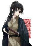  black_hair blue_eyes eyepatch gintama haori japanese_clothes katana kimono long_hair ponytail solo sword urahara weapon yagyuu_kyuubei 