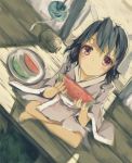  absurdres animal_ears black_hair blush bunny_ears food fruit gensou_kuro_usagi highres inaba_tewi japanese_clothes looking_at_viewer rabbit_ears red_eyes rough short_hair sitting smile solo touhou watermelon 
