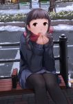  1girl bench black_hair black_legwear blush braid breath brown_eyes commentary flower hands_together legs_together long_hair looking_at_viewer looking_up matome open_mouth original pantyhose railing road scarf school_uniform sitting skirt snow snowing solo street sweater town twin_braids winter winter_clothes 