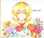  ^_^ alice_margatroid blonde_hair bust capelet closed_eyes colored_pencil_(medium) eyes_closed flower grin shikishi short_hair smile solo touhou traditional_media translation_request warugaki_(sk-ii) 