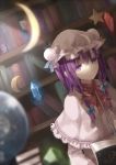 book bow capelet crescent crystal hair_bow hat library long_hair patchouli_knowledge purple_eyes purple_hair red_(girllove) solo star touhou violet_eyes voile 