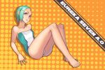  aqua_hair bare_legs bare_shoulders barefoot eureka eureka_seven_(series) eureka_seven_ao feet forehead_jewel halftone halftone_background purple_eyes simple_background sitting solo title_drop violet_eyes yuksi 