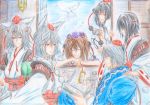  4girls ahoge animal_ears belt bird black_hair book brown_hair camera cellphone colored_pencil_(medium) hat himekaidou_hatate inubashiri_momiji kourindou_tengu_costume morichika_rinnosuke multiple_boys multiple_girls no_glasses open_mouth phone red_eyes shameimaru_aya short_hair silver_hair smile tokin_hat touhou traditional_media twintails window wolf_ears yellow_eyes you_(esparda) 