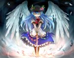 apron blue_hair boots closed_eyes cross-laced_footwear eyes_closed feathers fire hat hinanawi_tenshi lace-up_boots long_hair open_mouth ribbon short_sleeves skirt solo sword_of_hisou tahwnacl touhou very_long_hair wings