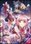 animal_ears blue_eyes copyright_request green_hair hat highres multiple_girls pink_hair taccomm tail witch_hat 