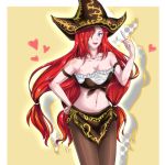  bare_shoulders blue_eyes breasts collarbone hair_over_one_eye hat heart hum_(812618132) league_of_legends long_hair midriff navel open_mouth raised_finger red_hair redhead sarah_fortune solo 