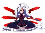  ahoge albino bad_id dress forehead_jewel frilled_dress frills hair_tubes huge_ahoge jerun jnrghzrg long_hair red_eyes sitting solo twintails under_night_in-birth vatista very_long_hair white_hair wings 