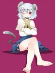  animal_ears barefoot blush capelet crossed_arms crossed_legs feet hammer_(sunset_beach) long_sleeves mouse_ears mouse_tail nazrin red_background red_eyes short_hair silver_hair sitting solo tail toes touhou wink 