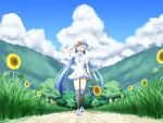  blue_hair closed_eyes cloud clouds dress eyes_closed flower grass hat hatsune_miku highres long_hair nanatsuba necktie open_mouth project_diva project_diva_f sky solo sunflower thigh-highs thighhighs tree twintails very_long_hair vocaloid 