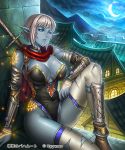  ankle_boots armor bandage bandages blue_eyes blue_skin boots bracer breasts copyright_notice crescent_moon dark_elf elf glowing leotard lieqi_hun lips moon night pointy_ears scarf shingeki_no_bahamut solo sword tattoo thigh-highs thighhighs torn_thighhighs watermark weapon white_hair 