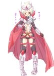  adapted_costume blush boots cape cosplay fusion hakuryuu_(inazuma_eleven) inazuma_eleven inazuma_eleven_(series) inazuma_eleven_go inazuma_eleven_go_chrono_stone kensei_lancelot long_hair male multicolored_hair navel red_eyes simple_background solo standing tobi_(one) translated two-tone_hair white_background 