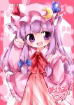  animal_ears bow capelet cat_ears coat crescent dress fang fanh hair_ribbon hat highres izumi_yuuji_(trace_kouhosei) kemonomimi_mode long_hair long_sleeves open_mouth patchouli_knowledge paw_print pink_dress purple_eyes purple_hair ribbon smile solo striped striped_dress touhou violet_eyes 