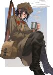  1girl alternate_costume bag black_choker black_footwear black_hair boots brown_coat chainsaw_man choker cigarette coat commentary cup green_eyes grey_pants hair_between_eyes hair_bun hammer_and_sickle hat highres holding holding_cup medium_hair military military_hat military_uniform mixed-language_commentary pants reze_(chainsaw_man) rifle_on_back russian_clothes sitting smoke smoking solo soviet twitter_username uniform vermilli000n 