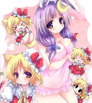  &gt;_&lt; :d ^_^ animal_ears bare_shoulders blonde_hair bow breast_hold breasts bunny_ears cat_ears chibi cleavage clone closed_eyes flandre_scarlet four_of_a_kind_(touhou) hair_bow kemonomimi_mode large_breasts light_smile lingerie long_hair looking_at_viewer multiple_girls negligee open_mouth oshiruko oshiruko_(uminekotei) patchouli_knowledge purple_eyes rabbit_ears red_eyes smile touhou underwear violet_eyes xd 