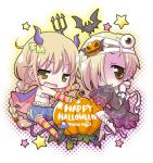  bags_under_eyes bandage bandages barefoot bat bikini_top blonde_hair braid cape chibi detached_sleeves earrings futaba_anzu hair_over_one_eye halloween happy_halloween horns idolmaster idolmaster_cinderella_girls igaiga jewelry multiple_girls shirasaka_koume short_hair sleeves_past_wrists thigh-highs thighhighs twin_braids twintails yellow_eyes 