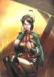  belt black_hair book boots bow_(bhp) brown_eyes feathers glasses hat highres monster_hunter monster_hunter_4 receptionist_(monster_hunter_4) short_hair shorts sitting smile solo 