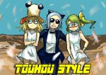  armband bare_shoulders blackcat_(pixiv) blonde_hair blue_hair blush bow bowtie bracelet cirno cosplay crossdressinging crossed_arms daiyousei dress embarrassed formal gangnam_style green_hair hair_bow hand_on_hip hand_on_shoulder hat jewelry long_hair moriya_suwako multiple_girls pant_suit parody psy psy_(cosplay) pyonta short_hair side_ponytail suit sunglasses touhou white_dress 