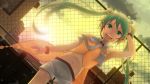  aqua_eyes aqua_hair dutch_angle hatsune_miku headphones kunishi_rei lens_flare long_hair looking_at_viewer midriff navel necktie open_mouth outdoors project_diva project_diva_2nd shorts sky smile solo sunset twintails very_long_hair vocaloid wind yellow_(vocaloid) 