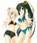  bikini black_hair blonde_hair breasts cleavage front-tie_top green_eyes highres kore_wa_zombie_desu_ka kore_wa_zombie_desu_ka? maelstrom multiple_girls muririn outstretched_arms polka_dot polka_dot_bikini polka_dot_swimsuit ponytail seraphim seraphim_(kore_wa_zombie_desu_ka?) simple_background swimsuit yoshida_yuki 