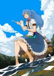  :t alternate_hairstyle bad_id barefoot blue_hair brown_eyes feet_in_water hinanawi_tenshi holding_spoon keystone long_hair ponytail red_eyes sitting soaking_feet solo touhou water yokohachi 