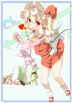  :d ascot blonde_hair blush border faceplant flandre_scarlet flying_sweatdrops hat hat_ribbon heart highres holding hong_meiling kneehighs looking_at_viewer multiple_girls open_mouth pointy_ears red_eyes ribbon shunsuke side_ponytail skirt smile stuffed_animal stuffed_bunny stuffed_toy touhou wings 