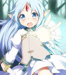  alice_soft alicesoft blue_eyes blue_hair dress elf forehead_jewel forest highres jewelry kalar_(rance) knife long_hair long_sleeves lysette_kalar miotama nature open_mouth panties pantyshot pointy_ears puffy_sleeves rance_(series) rance_quest reset_kalar ring smile solo teeth underwear 