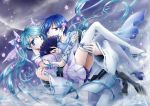  1girl ahoge aqua_eyes aqua_hair blue_eyes blue_hair carrying fan folding_fan fujie hair_ribbon hatsune_miku kaito long_hair moon petals princess_carry ribbon sandals skirt thigh-highs thighhighs twintails very_long_hair vocaloid 