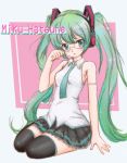  bespectacled character_name chindefu glasses green_eyes green_hair hatsune_miku headphones long_hair looking_at_viewer necktie sitting skirt solo thigh-highs thighhighs twintails very_long_hair vocaloid 
