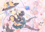  animal black_legwear blue_eyes blush book bow cat crescent embellished_costume fan gohei gourd hairband hat heart heart-shaped_pupils kaenbyou_rin kaenbyou_rin_(cat) key komeiji_koishi komeiji_satori looking_at_viewer multiple_girls multiple_tails north_abyssor pantyhose pink_eyes pink_hair pointy_ears reiuji_utsuho reiuji_utsuho_(bird) silver_hair smile symbol-shaped_pupils tail third_eye touhou white_legwear witch_hat 