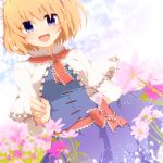  :d alice_margatroid aoi_(annbi) blonde_hair blue_eyes blush bow capelet flower hairband looking_at_viewer open_mouth short_hair skirt smile solo touhou 