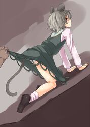  all_fours animal_ears capelet dress dress_lift grey_hair looking_back mokoke mouse_ears mouse_tail nazrin open_mouth panties red_eyes short_hair solo tail touhou underwear 