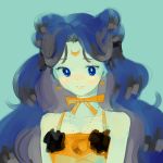  bare_shoulders big_hair bishoujo_senshi_sailor_moon blue_background blue_eyes blue_hair bust crescent_moon double_bun earrings facial_mark forehead_mark gif_artifacts hair_bun jewelry long_hair luna_(sailor_moon) moon necklace personification ribbon_choker solo yr 