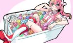  bathtub blush boots bow cream_on_face cupcake cupcake-chan dress finger_licking food hair_bow highres kekekeke knee_boots licking long_hair original pink_hair solo striped twintails yellow_eyes 