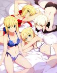  4girls absurdres ahoge alternate_costume alternate_hairstyle arm_support armpits arms_up artoria_pendragon_(all) ass bed black_bra black_gloves black_legwear black_lingerie black_panties blue_bra blue_lingerie blue_panties bra breasts cleavage elbow_gloves fate/extra fate/grand_order fate/stay_night fate/unlimited_codes fate/zero fate_(series) gloves green_eyes hair_bun hair_ribbon highres lace lace-trimmed_lingerie lace-trimmed_panties lace-trimmed_thighhighs lace_trim lingerie looking_at_viewer lying multiple_girls navel nero_claudius_(fate) nero_claudius_(fate)_(all) no_bra odd_one_out official_art on_side on_stomach panties petals pillow ponytail red_bra red_lingerie ribbon saber saber_alter saber_extra saber_lily scan sitting smile takeuchi_takashi thighhighs topless topless_female underwear white_bra white_legwear white_lingerie white_panties yellow_eyes 