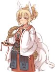  7010 animal_ears blonde_hair blush breasts cleavage collarbone fox_ears fox_tail hand_on_own_chest holding multiple_tails original red_eyes rough smile solo sword tail weapon white_background 
