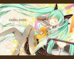  boots closed_eyes colored_eyelashes electric_guitar eyes_closed green_hair guitar hand_on_headphones hand_on_own_chest hatsune_miku headphones instrument letterboxed long_hair n_(nico_ed) odds_&amp;_ends_(vocaloid) open_mouth project_diva_f skirt solo thigh-highs thigh_boots thighhighs title_drop twintails very_long_hair vocaloid 