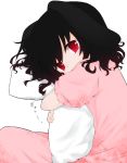  alternate_color animal_ears black_hair blush bunny_ears dress flower hug inaba_tewi looking_at_viewer pillow pillow_hug red_eyes shierutei short_hair solo touhou 