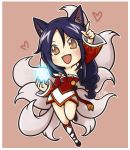  aa2233a ahri animal_ears blue_hair blush braid breasts chibi cleavage detached_sleeves fang fox_ears fox_tail heart league_of_legends long_hair multiple_tails open_mouth orb signature solo tail yellow_eyes 