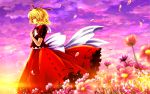  blonde_hair bow closed_eyes cloud clouds eyes_closed flower_field hair_ribbon hands_on_own_chest highres medicine_melancholy nekominase petals puffy_sleeves purple_sky ribbon sash shirt short_hair short_sleeves skirt solo standing star_(sky) sunset touhou wind 