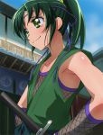  bare_shoulders fishnet_pantyhose fishnets green_eyes green_hair haruyama midorikawa_nao ninja pantyhose precure smile_precure! sweat weapon 